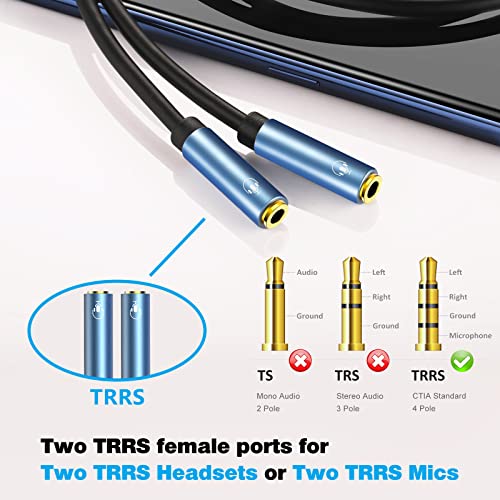 Headset Splitter for 2 TRRS Headphones or Mics 3.5mm Audio Splitter | Sapphire Blue, Metal Shell, 3.5mm Jack Adapter TRRS 4-Pole Headphone Splitter Male to 2 Female Adapter for Smartphone, Laptop - size: 1 Feet - Standard