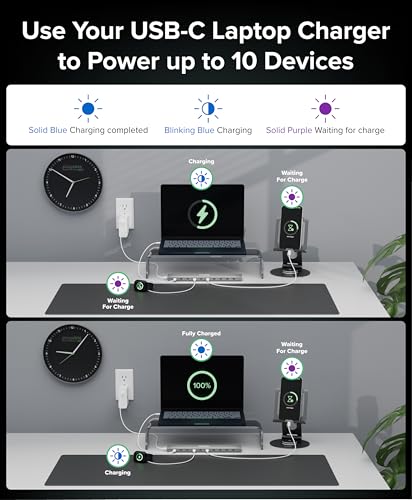 Plugable 10 Port USB C Charging Station, Up to 100W Charger for Multiple Devices with Priority Charging, Desktop Power Hub for USBC Devices Including Laptops Phones Tablets Earbuds and More (PS-10CC)