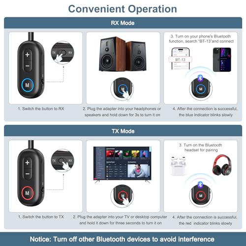 Upgraded Bluetooth 5.3 Transmitter Receiver 2 in 1, Bluetooth Adapter for Airplane, Low Latency, Hands-Free, 3.5mm Aux Audio Adapter for Travel Flight Car Home Stereo Theater - color: Black