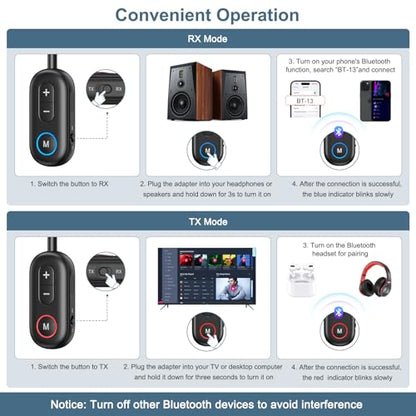 Upgraded Bluetooth 5.3 Transmitter Receiver 2 in 1, Bluetooth Adapter for Airplane, Low Latency, Hands-Free, 3.5mm Aux Audio Adapter for Travel Flight Car Home Stereo Theater - color: Black