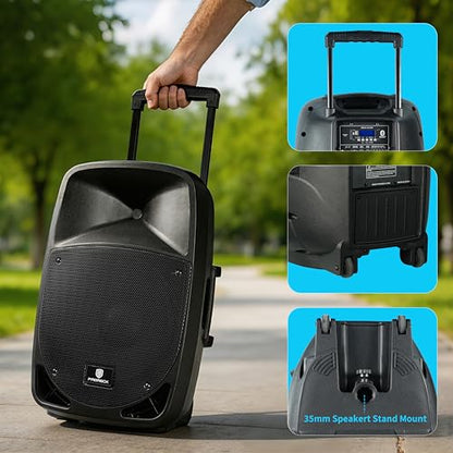 PRORECK Portable 12 Inch 1200W Powered PA/DJ Speaker System with Rechargeable Battery, 2 Wireless Mics, Bluetooth, USB, SD, FM Radio, Remote, Speaker Stand for Parties, Karaoke, speeches, Outdoor - size: 12 inch