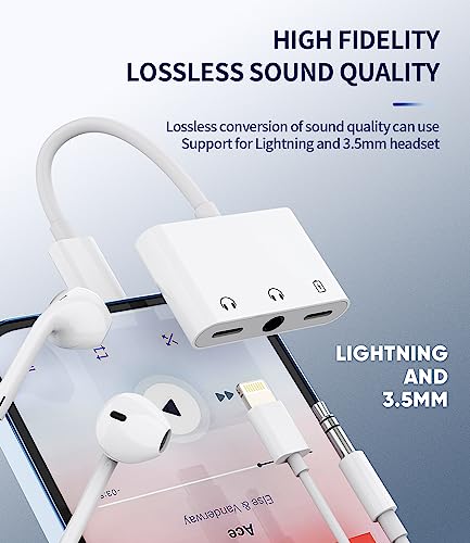Lightning to 3.5mm Headphone Converter(2Pack) 3in1 MFI Certified for iPhone AUX Adapter Dongle for 11 12 13 14 Pro Max 6 7 8 Plus X XR for iPad Music Cord Audio Charger Jack Cable Splitter
