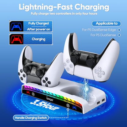 Wall Mount Kit for PS5 Pro/Slim/Original with Charging Station | Charger with RGB Light, Headset Holder & USB Hub for PlayStation 5 Pro/Slim/Original