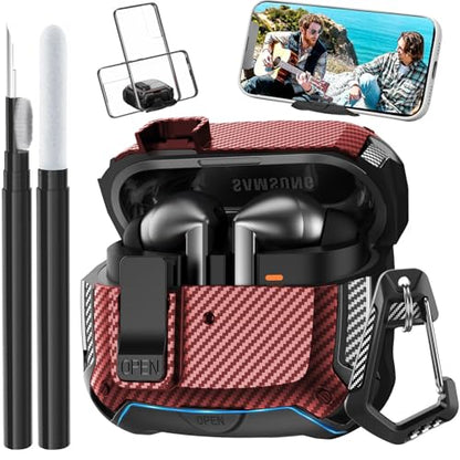 Compatible with Samsung Galaxy Buds 3 Pro Case/Bud3 Cover Lock Clip with Phone Stand for Men, Military Shell Galaxy Buds Pro 3/ Bud 3 Protective Armor Skin with with Cleaner Kit & Carabiner - color: ABlack/Red