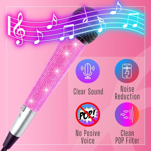 Black XLR Wired Vocal Microphone with Pink Rhinestone Sleeve | Wired Mic Uses Cardioid Pickup For Focused Vocals; 11.5-Ft Lead And Pink Crystal Cover and Band Suit Stage Or Karaoke