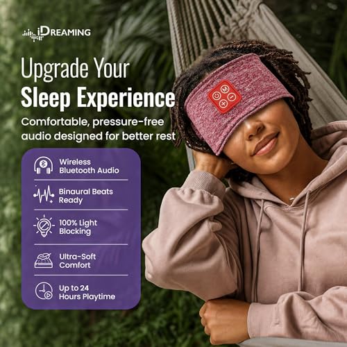 Wireless Binaural Beats Sleep Music Headband Earphones, Red | Earbuds Sleeping Eye Mask Thin HD Stereo Speakers Also for Workout, Running, Travel, Yoga, Ideal Gifts for Men Women Mom Dad - color: RED