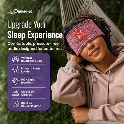 Wireless Binaural Beats Sleep Music Headband Earphones, Red | Earbuds Sleeping Eye Mask Thin HD Stereo Speakers Also for Workout, Running, Travel, Yoga, Ideal Gifts for Men Women Mom Dad - color: RED