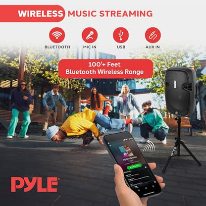 Pyle PPHP155ST Wireless Portable PA Speaker System - 1500W High Powered Bluetooth Compatible Active Outdoor Sound Speakers w/ USB SD MP3 RCA - 35mm Mount, Stand, Microphone, Power Cable, Black, 15"