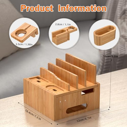 Pezin & Hulin Multiple USB Charging Station Including Charger HUB, 5 Cables | Wooden Bamboo Dock Station for Cell Phones, Tablets, Earpods and Smart Watch -Natural Bamboo