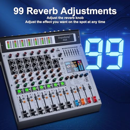 Depusheng AG8 Professional audio mixer 8 Channel with MP3 Player Source USB recording,With grouping and 2 AUX interfaces, 99DSP EFFECTfor Professional and Beginners