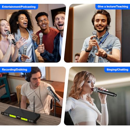 Wireless Microphones System, 4 Channel UHF Wireless Mics,with 4 Handheld Dynamic Microphones,Metal Receiver for Karaoke,Singing,Wedding,Party,Speech,Church - color: Grey