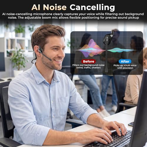 Air Conduction Open Ear Headphones with Mic, AI Noise Cancelling Bluetooth Headset, Dual Connect Wireless Headphones with Mute Button, 32g Lightweight for Work, Driving, Workout, Calls Black