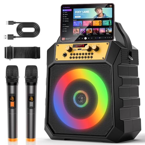 JM Portable Karaoke Machine 2-Way Coaxial Driver Speaker with 2 Mics-Black | Portable,Rechargeable,Bluetooth,TF/SD/USB,AUX,FM,4000mAh,5 Light Modes - color: Black