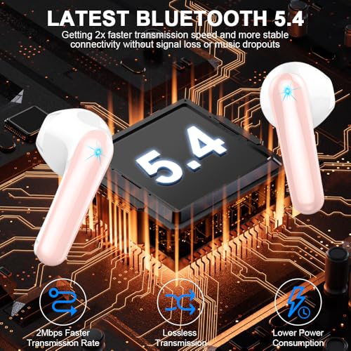 Wireless Earbuds, Bluetooth 5.4 Headphones 50H Playback Bass Stereo Ear Buds with 4 ENC Cancelling Mics, Bluetooth Earbuds Dual LED Display IP7 Waterproof in-Ear Earphones USB-C for Android iOS Pink