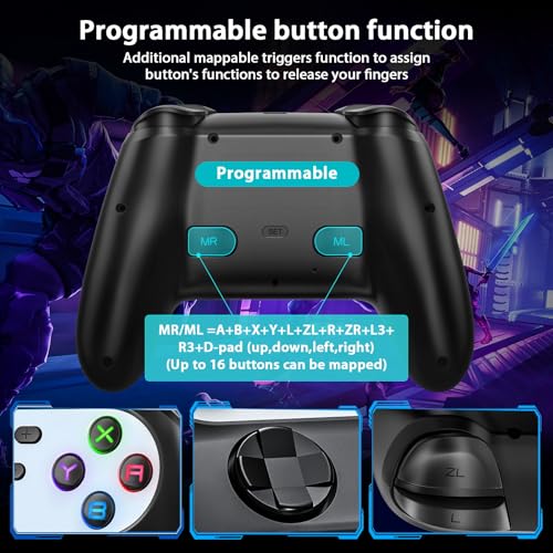 HUDOBBYE Switch Pro Controller Wireless for Switch/OLED/Lite Accessories, Wireless iOS Android Remote Gamepad, Wired PC Game Joystick, Switch Turbo Controller with Cool Led Light,Programmable - color: LED Black and Silvery