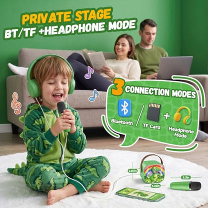 YLL Karaoke Machine for Kids, Portable Mini Speaker with 2 Wireless Microphones, Kids Toy Gifts for Boys Ages 3, 4, 5, 6, 7, 8, 9, 10+ Years Old, 4-12th Birthday Singing Home Family Party - color: Olive-Dinosaur