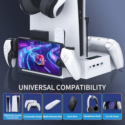 PS5 / PS5 Slim Cooling Station with PlayStation Portal and Controller Charging Station, Cooling Stand for PlayStation 5, PS 5 Portal Charger Dock Accessories with Cooler Fan, Headset Holder, 4 USB Hub