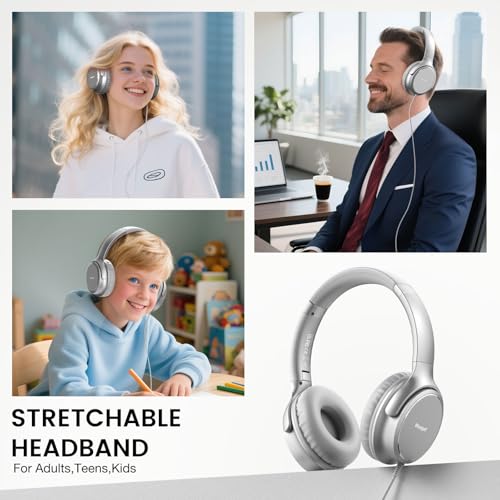 USB C Wired Over-Ear Headphones with Microphone | Volume Control, Share Port, Adjustable Headband Foldable Stereo Headset for Adult/Teens for iPhone 16, Laptop, Gaming, Travel - color: Silver