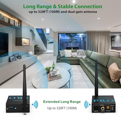 1Mii 2.4GHz Wireless Audio Transmitter and Receiver (1 TX+1 RX), HiFi Audio | 20ms Low Latency, 328ft Long Range Wireless Kit for Powered Speaker/Stereo/Soundbar, Optical/Coaxial/3.5mm(RCA) Ports