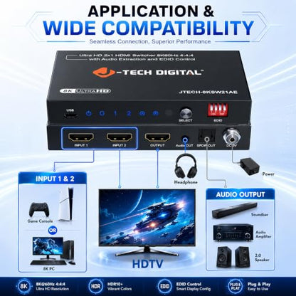 J-Tech Digital 8K HDMI Switch 2 in 1 Out 8K@60Hz 4K@120Hz 1080P@240Hz, HDMI Audio Extraction to Optical & 3.5mm, HDR HDCP 2.3 EDID Control, Compatible with PS5 PS4 Xbox Switch Apple TV Roku Fire TV - style: 2 in 1