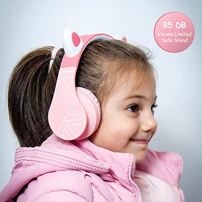 PowerLocus Bluetooth Headphones for Kids, Wireless Foldable Headphones Over Ear, Headphone with Microphone, 85DB Volume Limit, Wireless and Wired Headset with Micro SD, FM for Cellphones, Tablets, PC - color: Pink Cat Ears