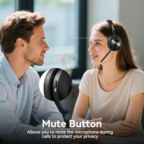 Wireless Headset with Mic for Work,Wireless Computer Headset(Bluetooth V5.3 + USB Dongle)w/Noise Cancelling Mic & Mute Button,Long Battery Life for Work,Zoom,Teams,Online Meetings,Home Office