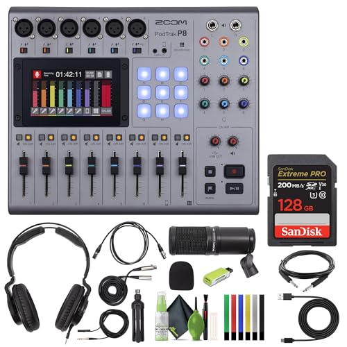 Zoom PodTrak P8 Podcast Recorder + USB-C Cable Bundle | For Podcasting & Interviews + ZDM-1 Podcast Mic Pack + Balanced Interconnect