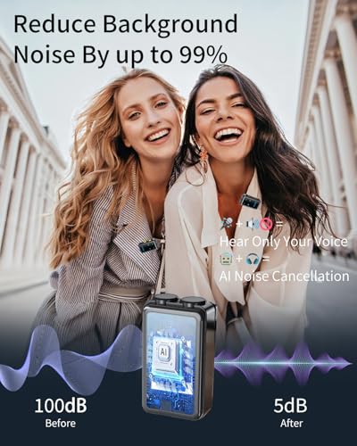 Wireless Lavalier Microphone for iPhone Android, mini Phone mic | Mic with Smart Noise Reduction, Reverb Effect, 30H+ Battery Life for Vlog, YouTube, TikTok, Podcast, Recording and Streaming - size: 2T2R Black Mic for iOS/Android