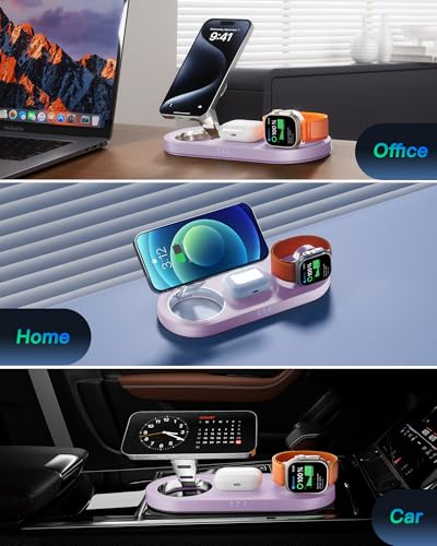 Foldable 3 in 1 Wireless Charging Station for Apple Mag-Safe Charger Stand | Fast Magnetic Wireless Charger Station for iPhone 17 Air 16 15 14 13 12, Apple Watch, AirPods Pro/4/3/2, and More (Purple) - color: Purple