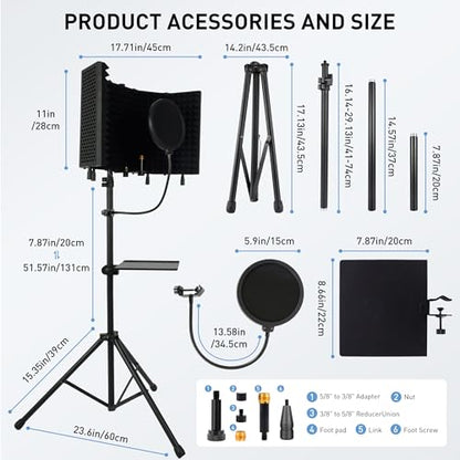 5-Sided Isolation Shield Microphone Stand with Pop Filter