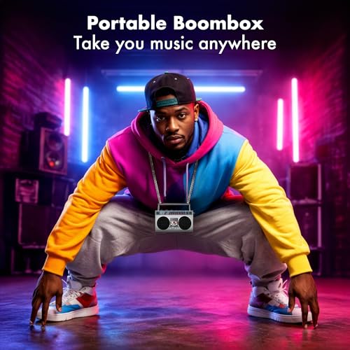 Portable Bluetooth Speakers, Retro Speakers Bluetooth Wireless Wearable | Mini Bluetooth Boombox with 27” Neck Chain, FM Radio, On-Board Buttons, Dual 3W Peak Power Bluetooth Speaker for Anywhere - color: Silver