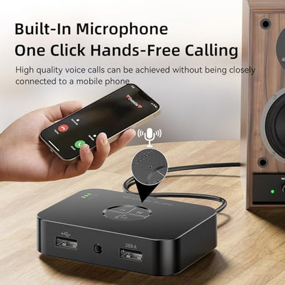 Bluetooth 5.4 Receiver with USB/AUX/RCA Outputs, HiFi Wireless Audio Receiver with Remote, USB Playback & Type-C Power – No Battery, Bluetooth Audio Adapter for Old Stereo and Home Theater System.