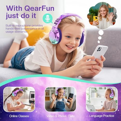QearFun Kids Bluetooth Headphones, 60H Playtime, 74/85/94dB Volume Limit | For school, tablet, travel, kids wireless headphones feature HD mic, fast charging, foldable design, boys girls, wired mode - color: Purple