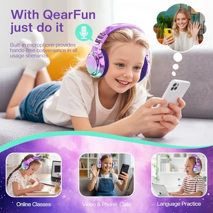 QearFun Kids Bluetooth Headphones, 60H Playtime, 74/85/94dB Volume Limit | For school, tablet, travel, kids wireless headphones feature HD mic, fast charging, foldable design, boys girls, wired mode - color: Purple