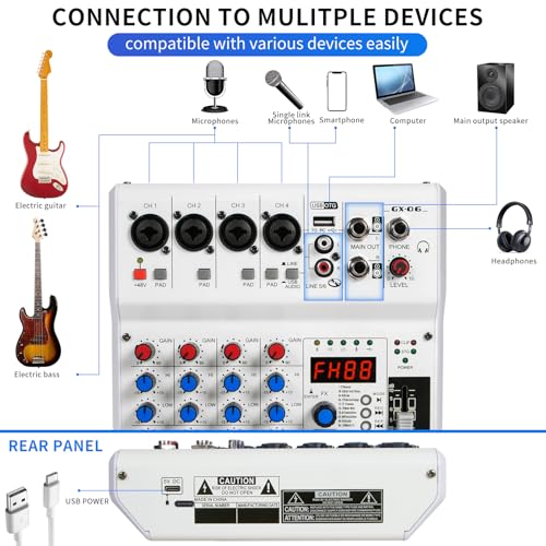 6-Channel Audio Mixer with 99 Sound Effects for PC,Portable Sound Mixing Console with BT USB Recording Input for Live Streaming,Podcasting,DJ Show