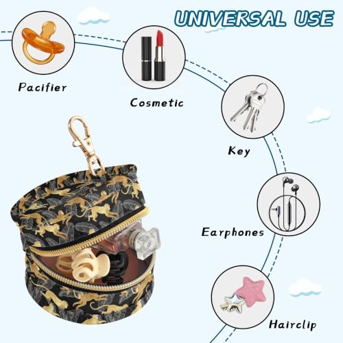 Pacifier Case Gold Monkey Leaf Jungle Printed Waterproof Pacifier Holder Pouch with Metal Hook Clip Round Small Soother Storage Bag for Diaper Bag Stroller - color: Gold Monkey Leaf Jungle