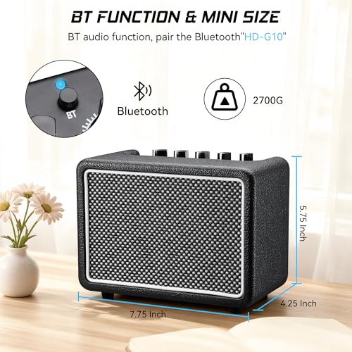 10W*1 Mini Guitar Amplifier, Electric Guitar Amp with Clean/Drive Channel, 6H Working, 3.5mm Headphone/AUX Jack, USB-C Rechargeable, Wireless Portable Amp for Indoor Practice, Traveling