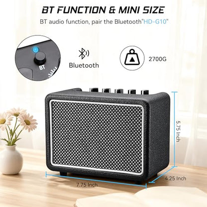 10W*1 Mini Guitar Amplifier, Electric Guitar Amp with Clean/Drive Channel, 6H Working, 3.5mm Headphone/AUX Jack, USB-C Rechargeable, Wireless Portable Amp for Indoor Practice, Traveling