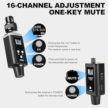 Wireless In Ear Monitor System, Professional UHF Metal Wireless IEM System, 16 Adjustable Channel, Portable Rechargeable Transmitter and bodypack Receiver for Studio, Band Rehearsal, Live Performance