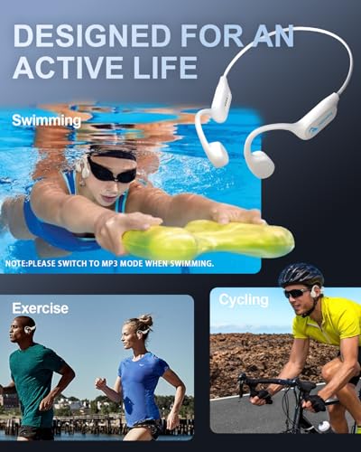 Swimming Headphones Bone Conduction Bluetooth 6.0 IPX8 Waterproof 32G MP3 | Open-ear comfort,clear audio in water,phone-free playlists,secure fit with caps and goggles,stable above-water pairing - color: Off White