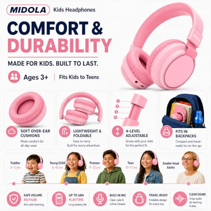 Kids Bluetooth Headphones Wireless 68 Hours,Safe Volume Limit 85/94dB Pink | Adjustable Headband Foldable Over-Ear Lightweight Headsets for Toddler Girls Boys Tablet/iPad,HD Stereo,Built-in Mic - color: Pink