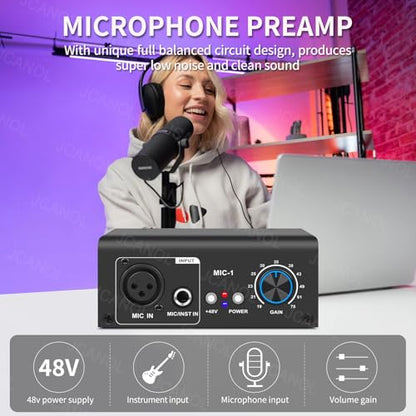 MIC-1 Microphone Preamp with 2 Inputs, Max 75dB Gain, 48V Phantom Power, Ultra-Clean Gain for Dynamic and Condenser Mics