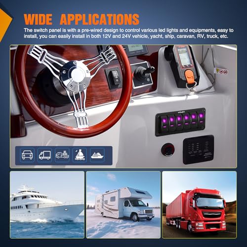 Nilight 6 Gang Rocker Switch Panel w/Purple LED Light 5Pin On Off Pre-Wired | Aluminum Toggle Switches Waterproof for 12V/24V Cars Marine Boats ATVs Trailers RV Trucks - color: Purple, size: 6 Gang