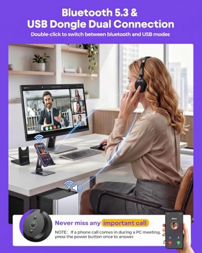 Wireless Headset with Mic for Work, Clear Sound ＆ Comfortable ＆ Stable Connection, Bluetooth Headset for Computer, Wireless Headset with Charging Base & USB Dongle for Office & Call Center