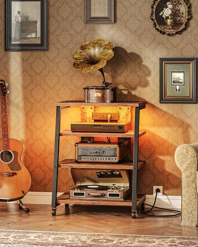 CHOEZON 4-Tier AV Media Stand with Wheels, Stereo Stands, Media Console Shelf with Power Strips, LED Lights, Wooden Audio Cabinet Rack Tower, Rustic Brown and Black TCJ60UDBF