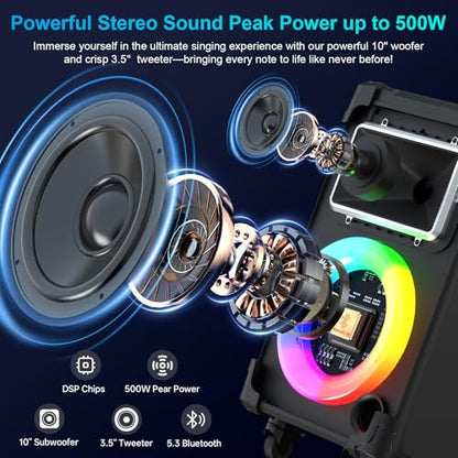 JYX 500W Peak Rolling Karaoke Machine, 10" Woofer & 2 Wireless Mics - color: Black