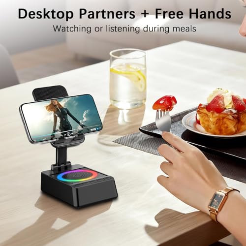 Gifts for Men Women, Cell Phone Stand with Wireless Bluetooth Speaker, 4 in 1 Bluetooth Speaker, for Men Women Teens, LED Lights 360° Phone Holder Compatible with Phones iPad - color: Jet Black