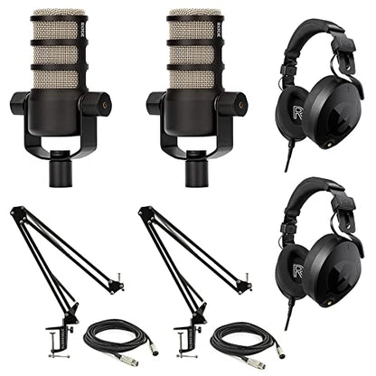 Rode PodMic Dynamic Podcasting Microphones Bundle with StreamEye BOOMARM1 Microphone Boom Arms, Rode NTH-100 Professional Closed-Back Over Ear Headphones, XLR Cables, and StreamEye Polishing Cloth