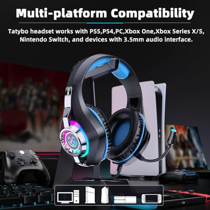 Tatybo Gaming Headset for PS5 PC, Noise Canceling Mic, RGB, Black Blue | Over Ear, Deep Bass Stereo Sound for FPS, Battle Royale, Lightweight Headset for Xbox, PS4, Mobile, Nintendo, 3.5mm devices - color: Black Blue