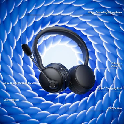 Wireless Headset with Mic for Work, Wireless Headset with Microphone AI Noise Cancelling, Bluetooth 5.3, 60H Battery, Mute Button, Comfortable Over Ear Headphones for PC, Laptop, Call Center, Office